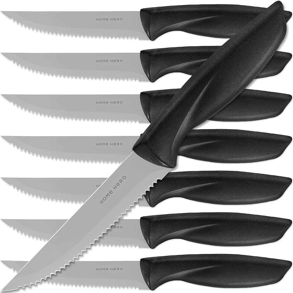 Home Hero 8 Pcs Steak Knives, Razor-Sharp Steak Knives Set of 8, High-Carbon Stainless Steel Steak Knife Set, Ergonomic Handles Serrated Steak Knives for Precise Cutting (8 Pcs - Silver)