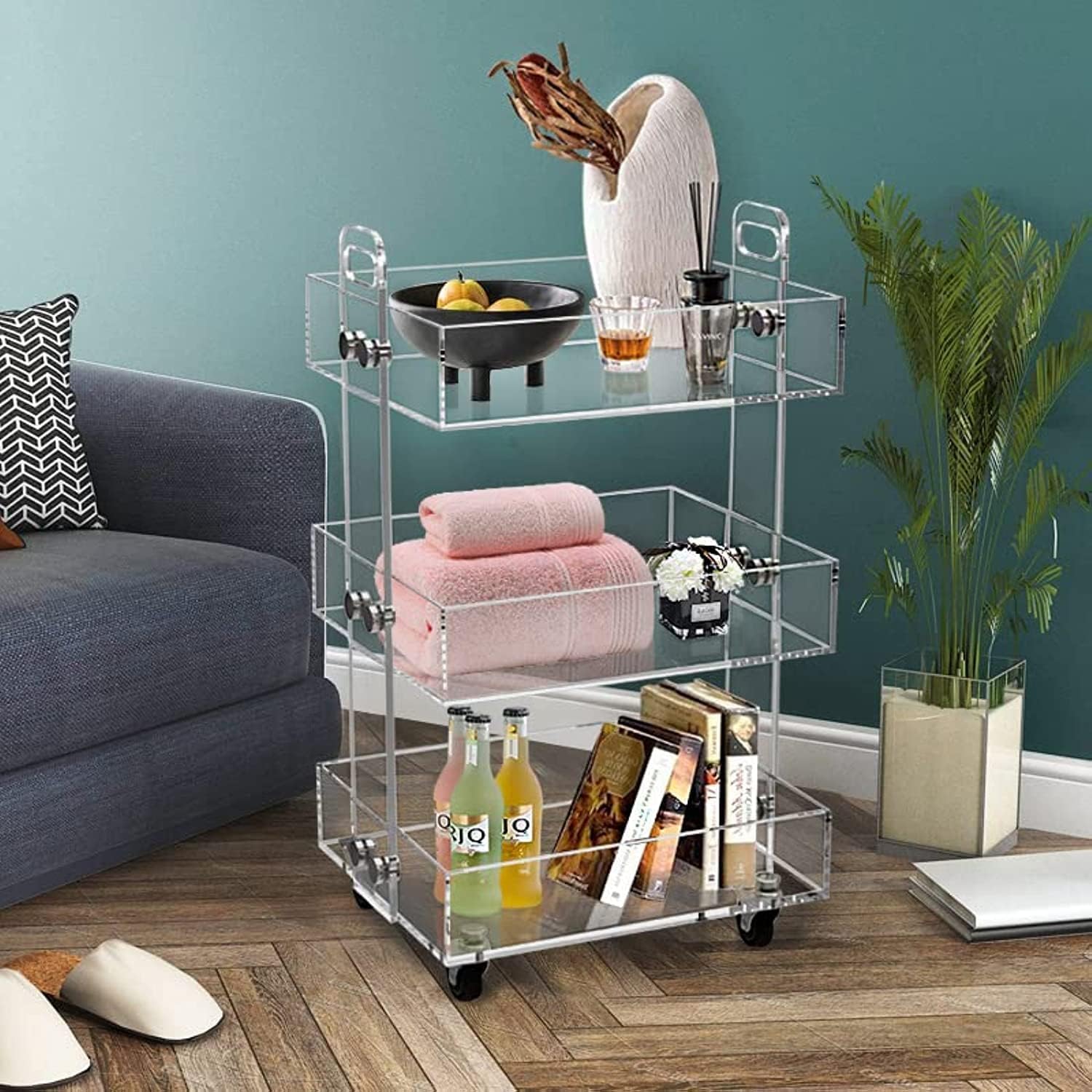 ONELUX 3-Tier Acrylic Utility Rolling Cart, Multifunction Storage Cart On Wheels