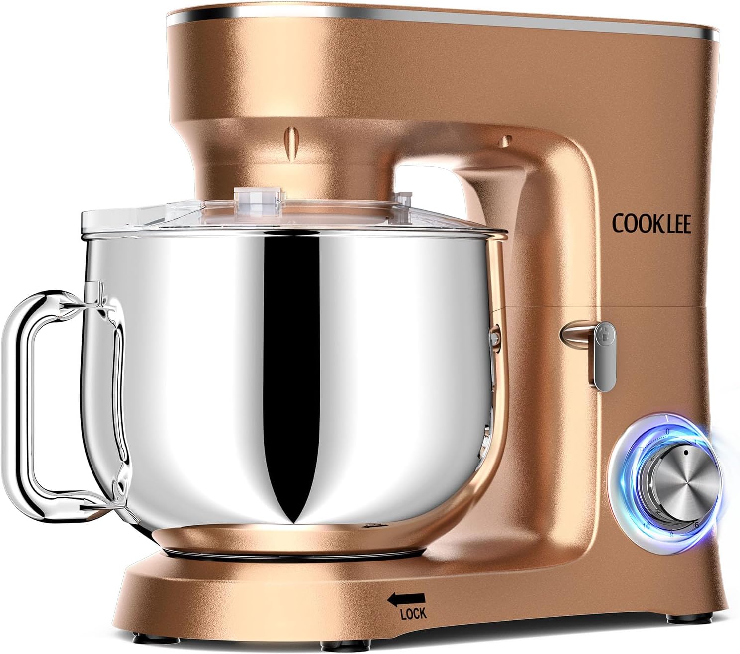 COOKLEE Stand Mixer, 9.5 Qt. 660W 10-Speed Electric Kitchen Mixer with Dishwasher-Safe Dough Hooks, Flat Beaters, Wire Whip & Pouring Shield Attachments for Most Home Cooks, SM-1551, Champagne