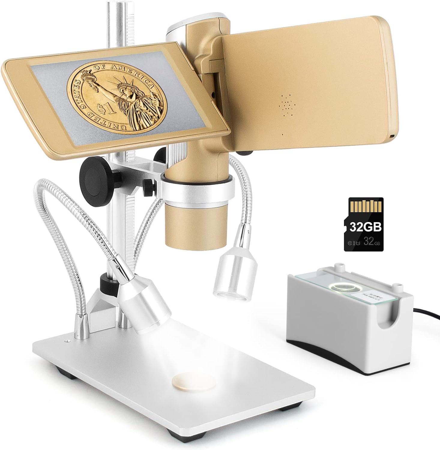 LM203S 4 HDMI Digital Coin Microscope for Error Coins with Light, 800X Handheld Portable Coin Magnifier Magnifying Microscope for Collector, Wireless USB Microscope with Metal Stand for Adults, 32GB