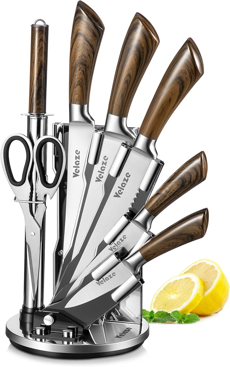 Velaze Knife Set with Block, 8 Pieces Stainless Steel Kitchen Knife Set with Spinning Block, Professional Chef Knife Bread Knife Paring Knife Scissor Set Built-in Sharpener, Brown