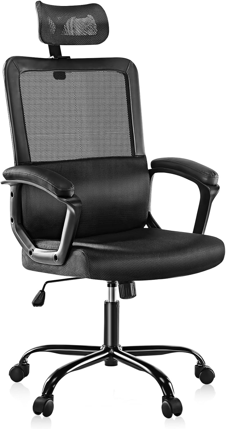 JHK Ergonomic Home Mesh Swivel Rolling Office Desk Computer Chair with Adjustable Headrest, Soft PU Armrest, Lumbar Support and Rocking Function, 18.11 D x 19.49 W x 43.5 H, Black