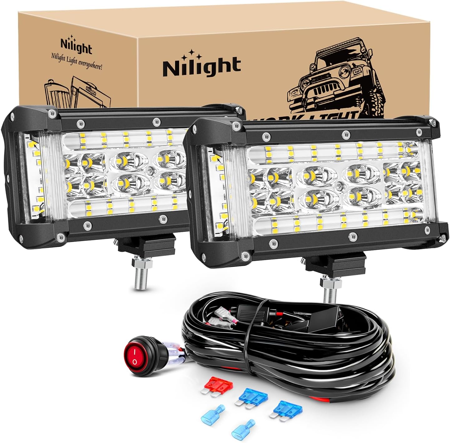 Nilight Side Shooter LED Light Bar 2PCS 5.5Inch Quadruple Row Spot Flood Combo Lights with Wiring Harness Kit for Fog Light Driving Light Work Light on Truck SUV ATV UTV, 2 Years Warranty