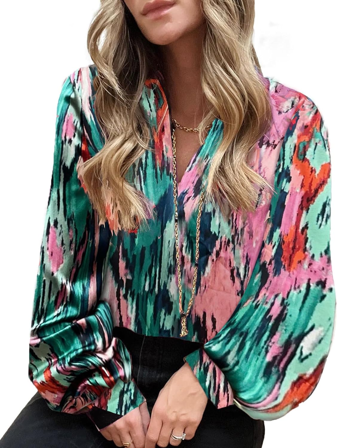 BTFBM Women' Casual Boho Blouse Tops Abstract Print Lapel V Neck Lantern Long Sleeve Summer Spring Loose Blouses Shirts