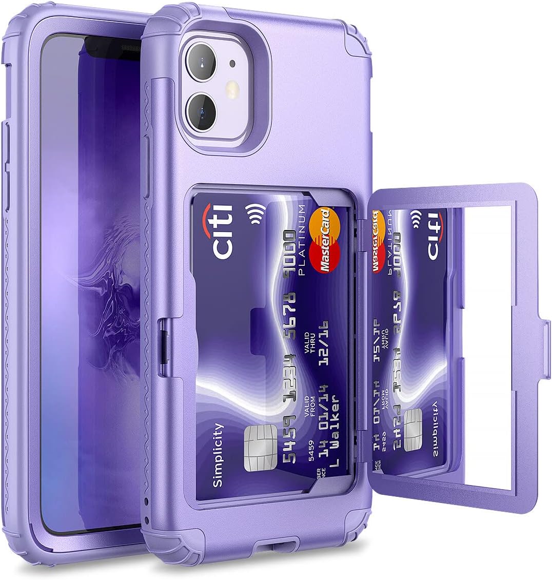 WeLoveCase for iPhone 11 Wallet Case for Women Defender Credit Card Holder Cover with Hidden Mirror Three Layer Shockproof Heavy Duty Protection All-Round Protective Case for iPhone 11 Light Purple