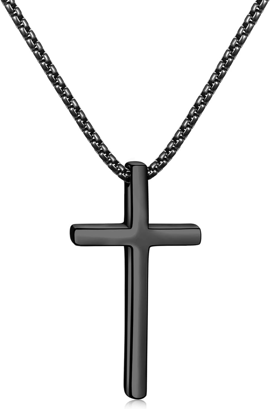 Fiusem Cross Necklace for Men, Silver/Gold/Black Mens Cross Necklaces with 2.5mm Cross Chain and Stainless Steel Cross Pendant, Box Chain 16-24 Inch