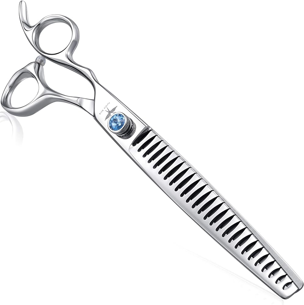 Great price, extremely sharp, cut myself removing hair from the teeth. Very good for thinning out hair on wheaten terrier and schnauzers.  My only complaint is that the finger holes are a little small. Otherwise a fantastic pair of sheers.