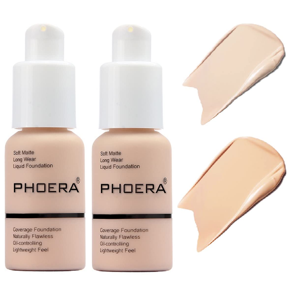 2 Pack PHOERA Foundation Makeup For Older Women,Flawless Soft Matte Liquid Foundation 24 HR Oil Control Concealer Foundation Makeup(101 Porcelain 102 Nude)