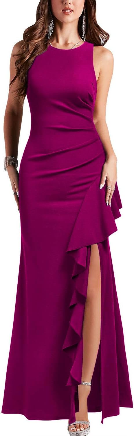 WOOSEA Women' Scoop Neck Sleeveless Split Bodycon Mermaid Evening Cocktail Long Dress