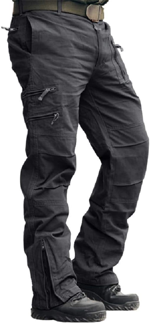 CRYSULLY Men' Cotton Multi-Pockets Work Pants Tactical Outdoor Military Army Cargo Pants (No Belt)