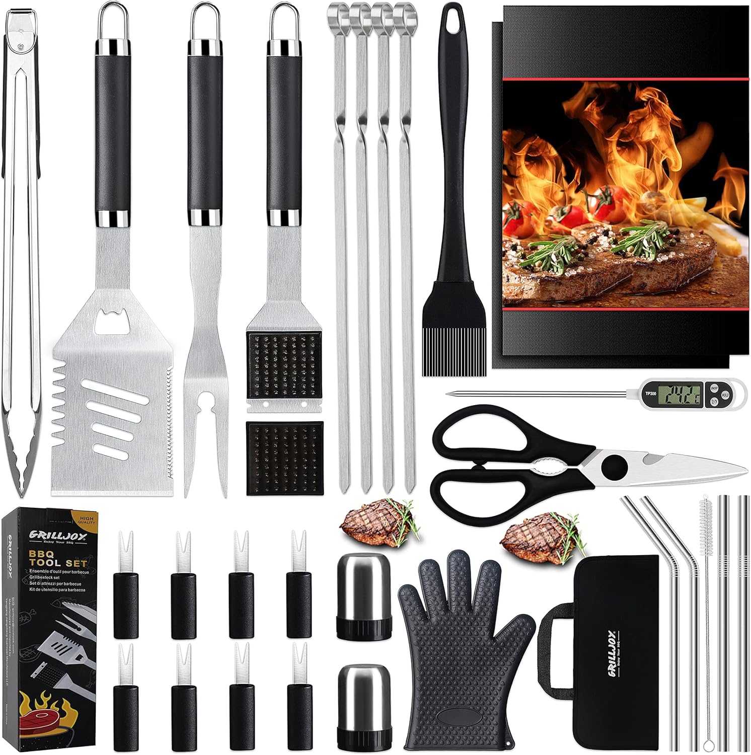 Grilljoy 31PCS BBQ Grill Accessories Set, Heavy Duty BBQ Tools Set for Men & Women Gift, Grill Utensils Kit with Slicone Glove, Grill Set with Storage Bag for Smoker, Camping Barbecue