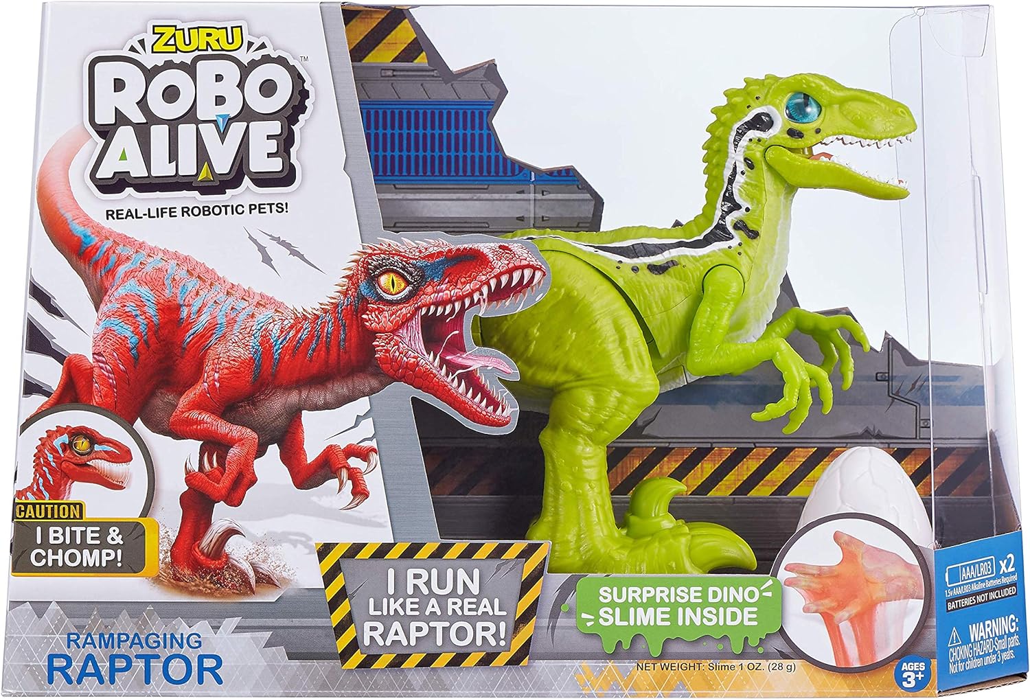 Robo Alive Rampaging Raptor (Green) by ZURU Dinosaur Toy with Realistic Dinosaur Movement That Bites and Chomps with Slime in Dino Egg, Robotic Pets for Boys and Kids (Green)