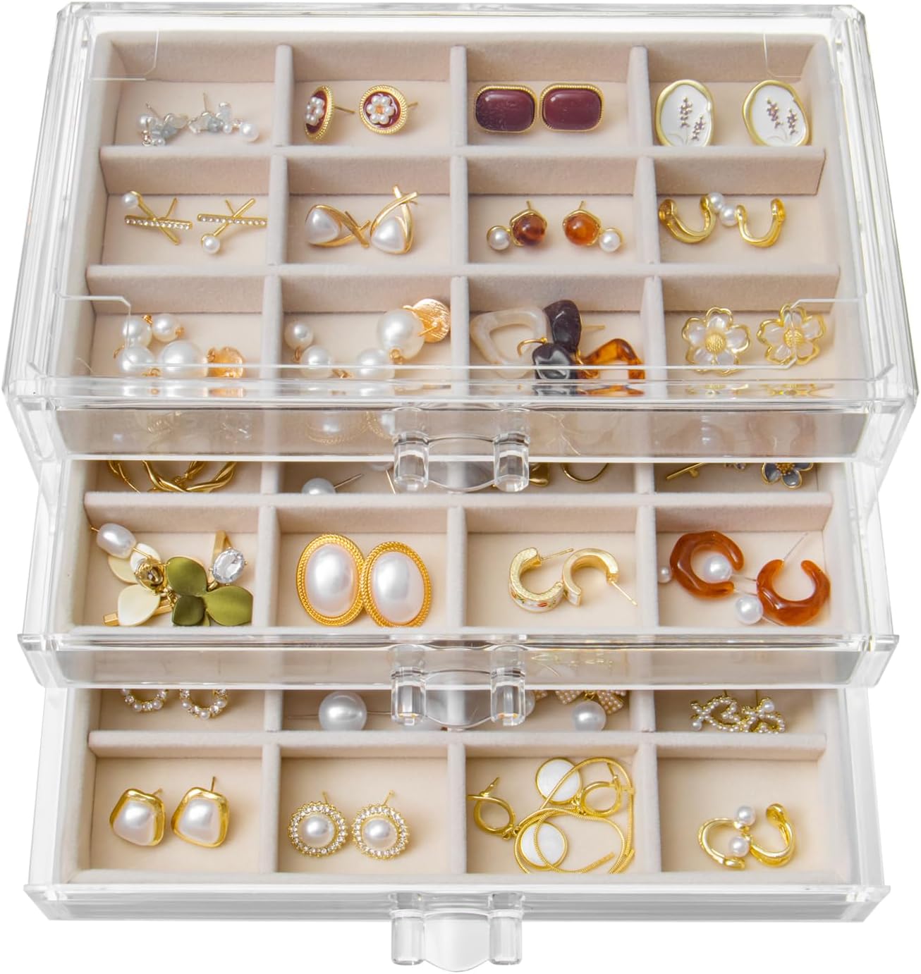 Earring Organizer Box Acrylic Velvet Jewelry Organizer with 3 Drawers 36 Adjustable Grids Clear Stackable Earring Holder Trays Display Case for Women Girls (Beige, 36 Girds B)