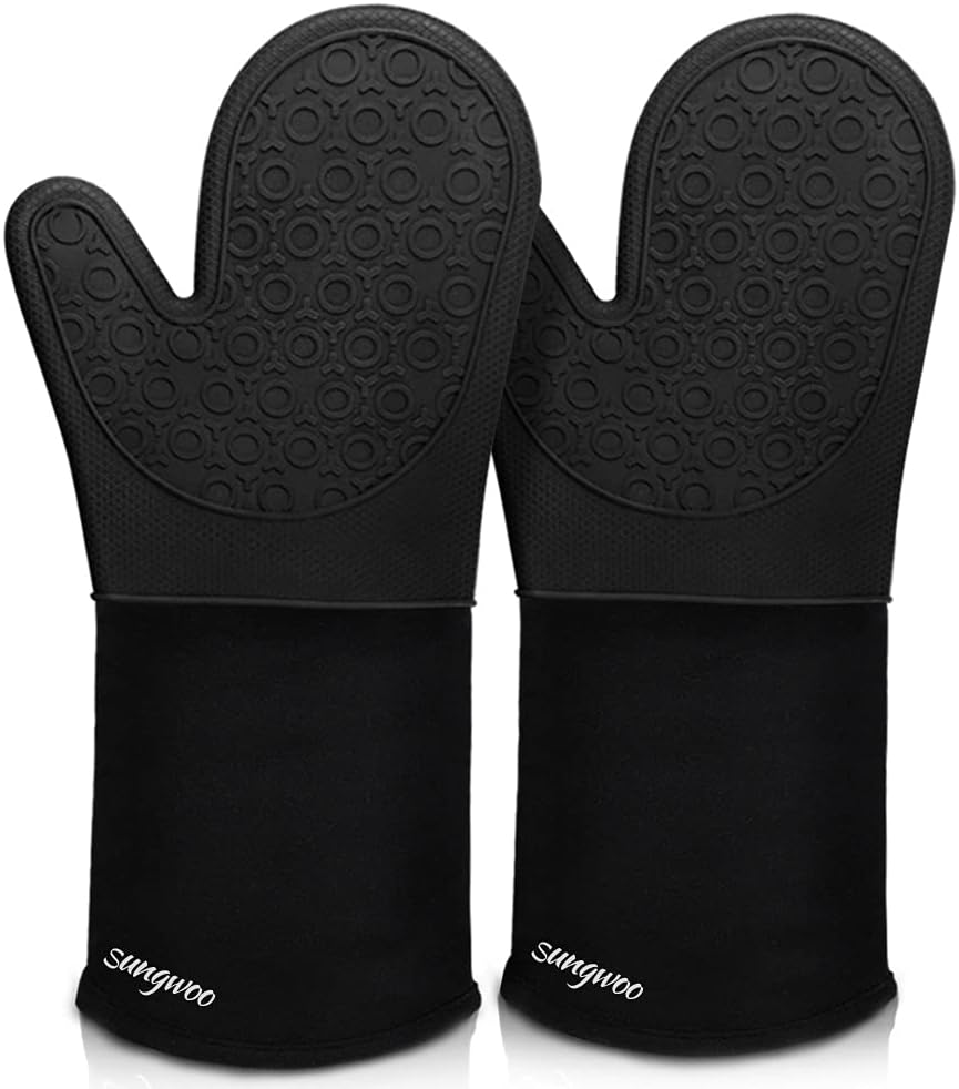 sungwoo Extra Long Silicone Oven Mitts, Durable Heat Resistant Oven Gloves with Quilted Liner Non-Slip Textured Grip Perfect for BBQ, Baking, Cooking and Grilling - 1 Pair 14.6 Inch Black