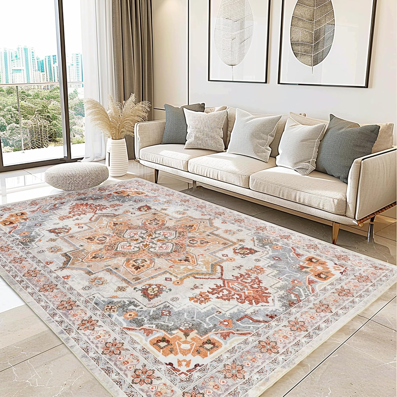 Andency 6'x9' Machine Washable Area Rug for Living Room, Non-Slip Stain Resistant Vintage Printed Rug for Dining Room, Soft Low Pile Carpet Home Decor Office Boho Rug (Beige/Grey, 6x9)