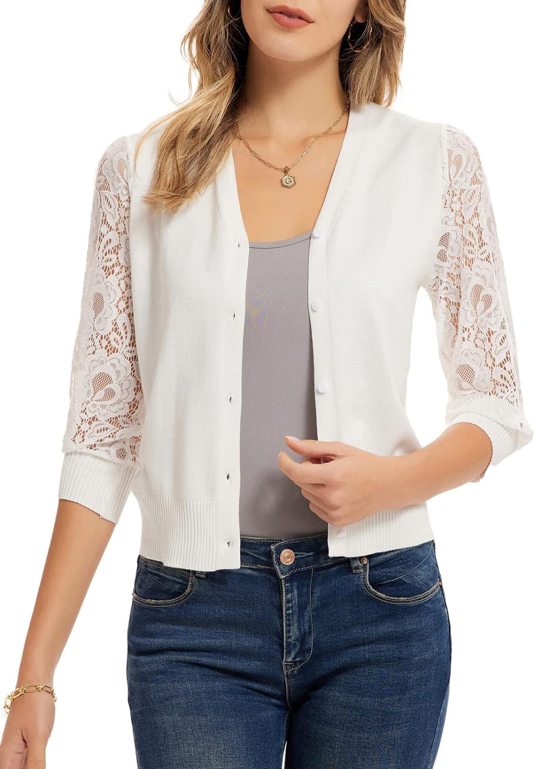 GRACE KARIN Women' Summer Cardigan Lightweight V Neck Lace 3/4 Sleeve Button Front Sweaters