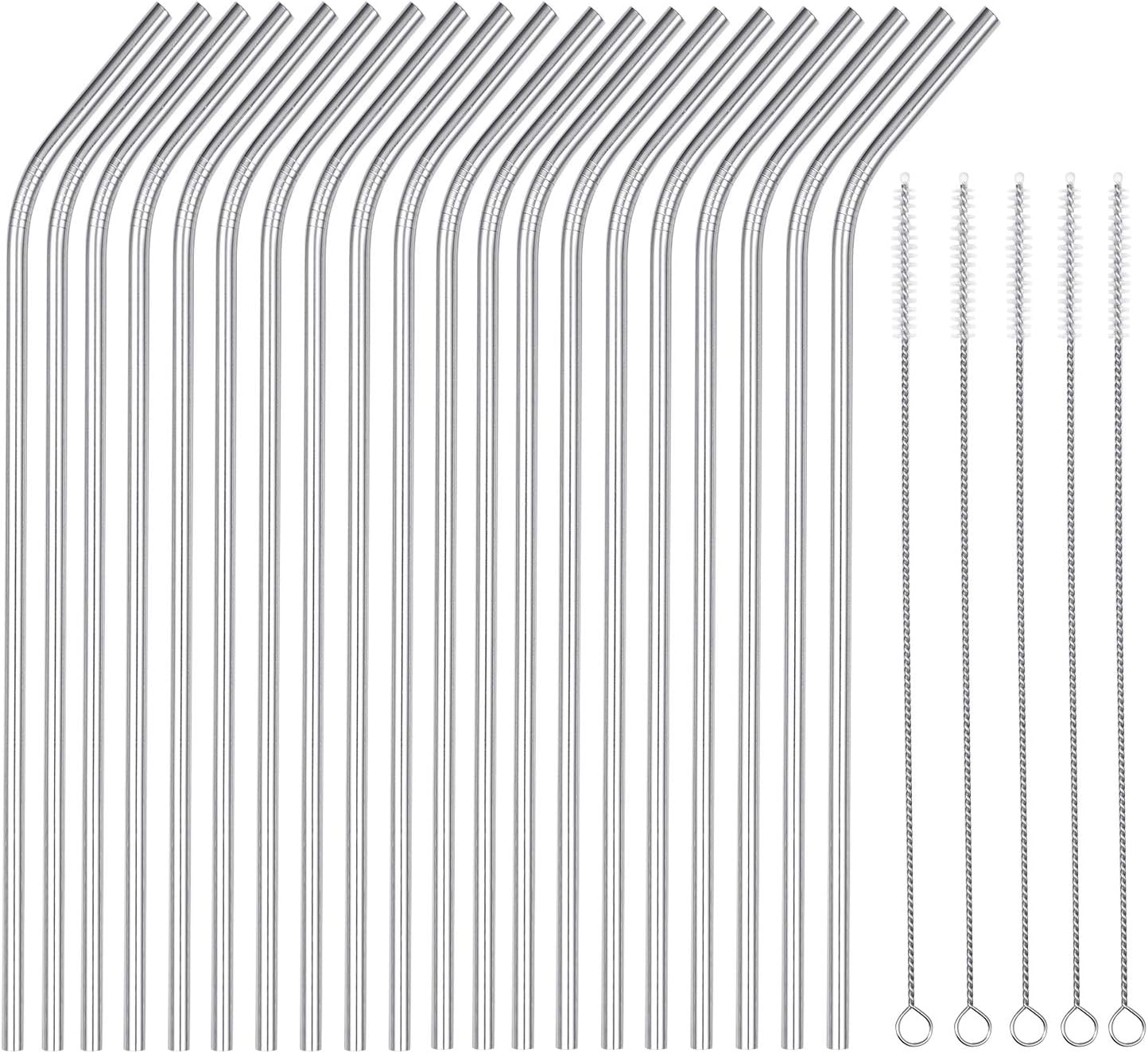 25+Piece+Set+Stainless+Steel+Straws+Ultra+Long+10.5+Inch+Drinking+Metal+Straws+Reusable+Drinking+Straws+for+20+30+OZ+(20+Bent%7c+5+Brushes)