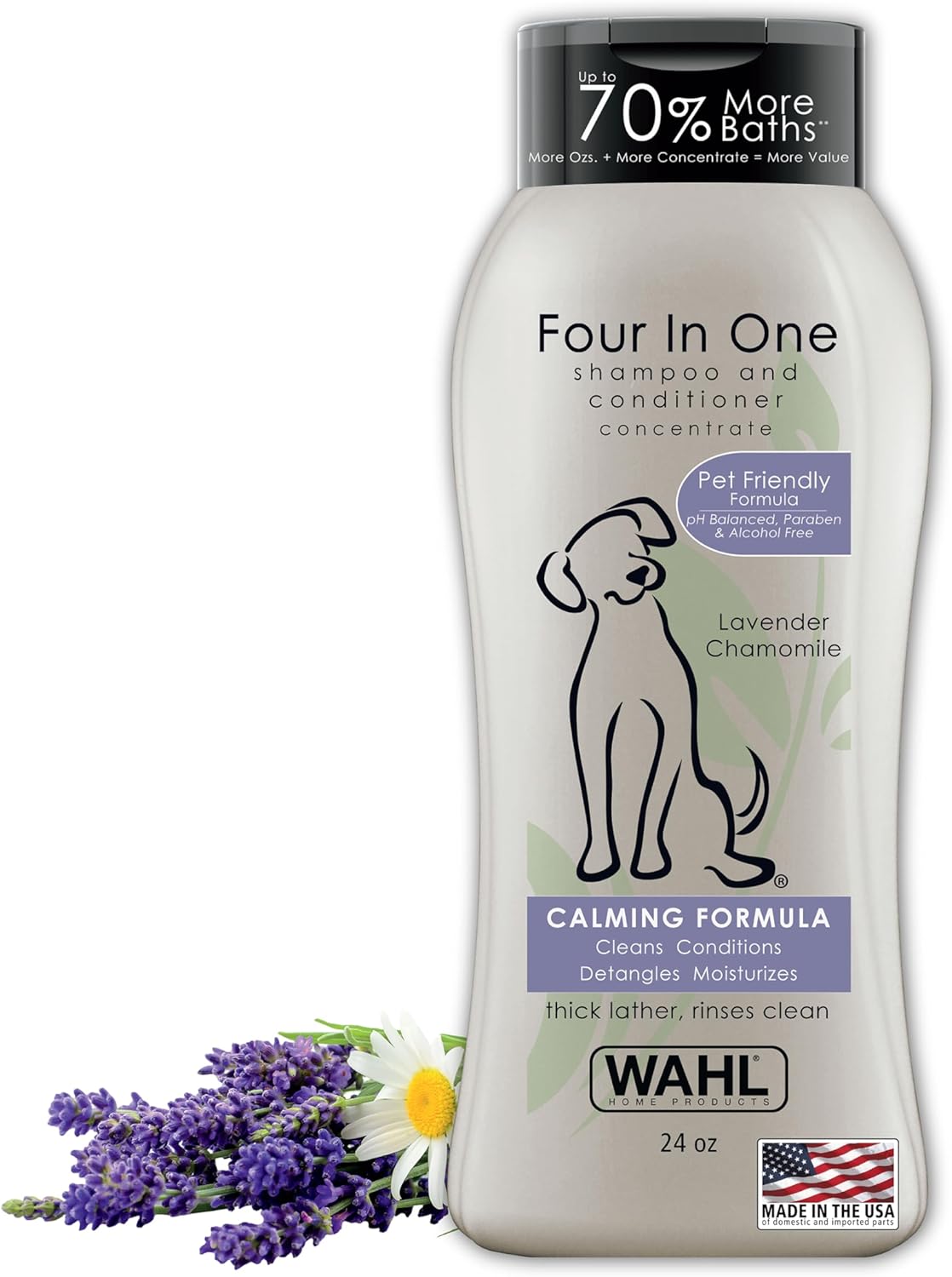 Wahl USA 4-in-1 Calming Pet Shampoo for Dogs  Cleans, Conditions, Detangles, & Moisturizes with Lavender Chamomile - Pet Friendly Formula - 24 Oz - Model 820000A