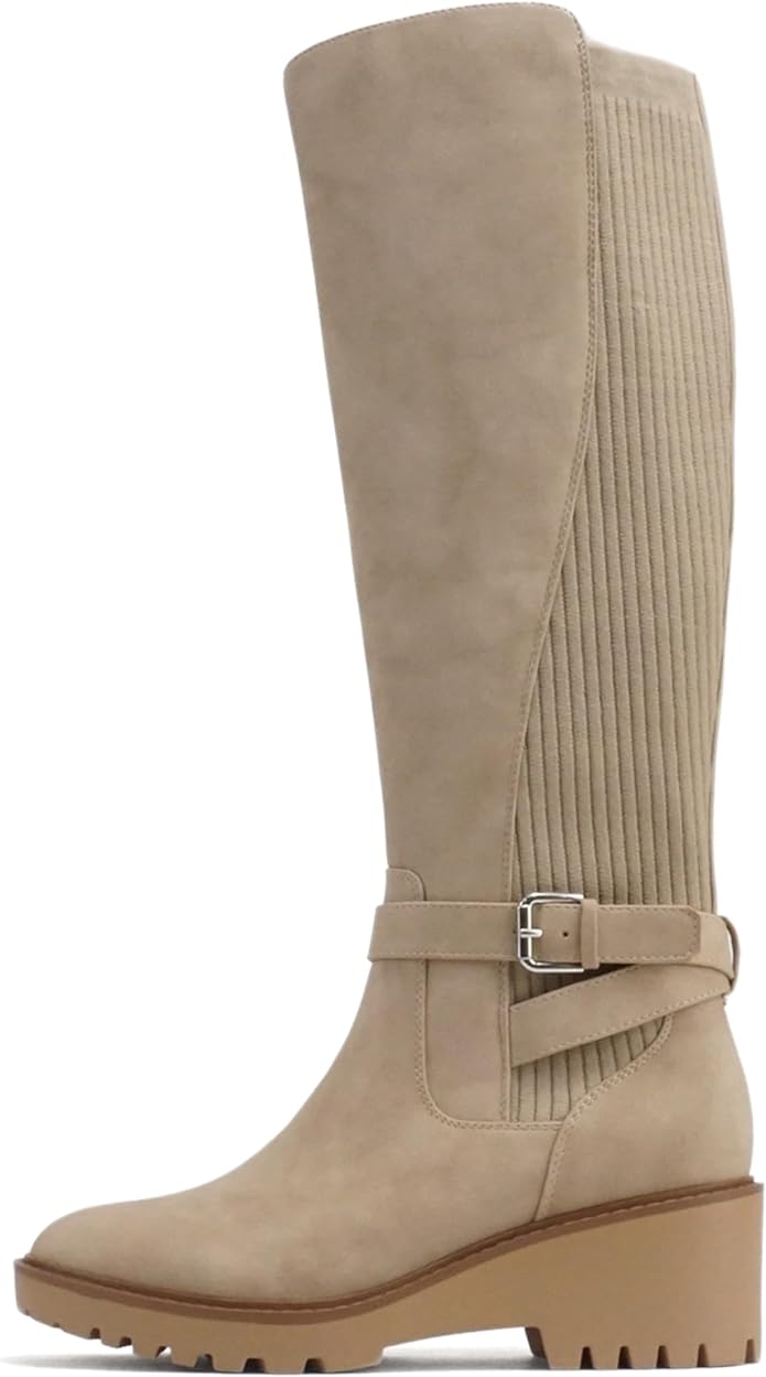 Soda ZONE ~ Women Round Toe Elastic Sweater Belted Strap Lug Sole Low Wedge Heel Knee-High Boot with Side Zipper