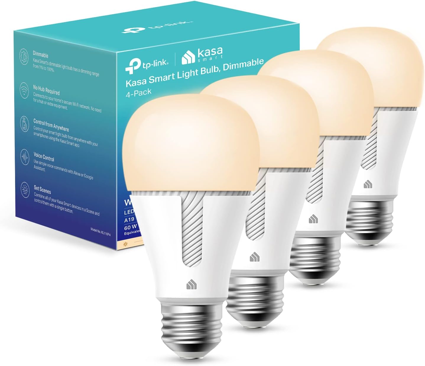 Kasa Smart Light Bulbs that works with Alexa and Google Home, Dimmable Smart LED Bulb, A19, 9W, 800Lumens, Soft White(2700K), CRI90, WiFi 2.4Ghz only, No Hub Required, 4 Count (Pack of 1)(KL110P4)