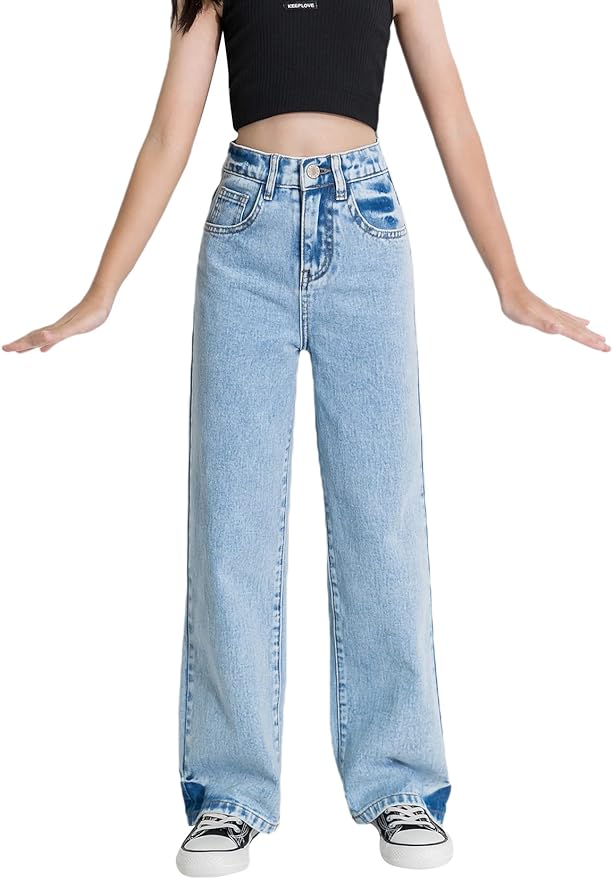 WDIRARA Girl' High Waisted Straight Leg Button Jeans Casual Pocket Denim Pants