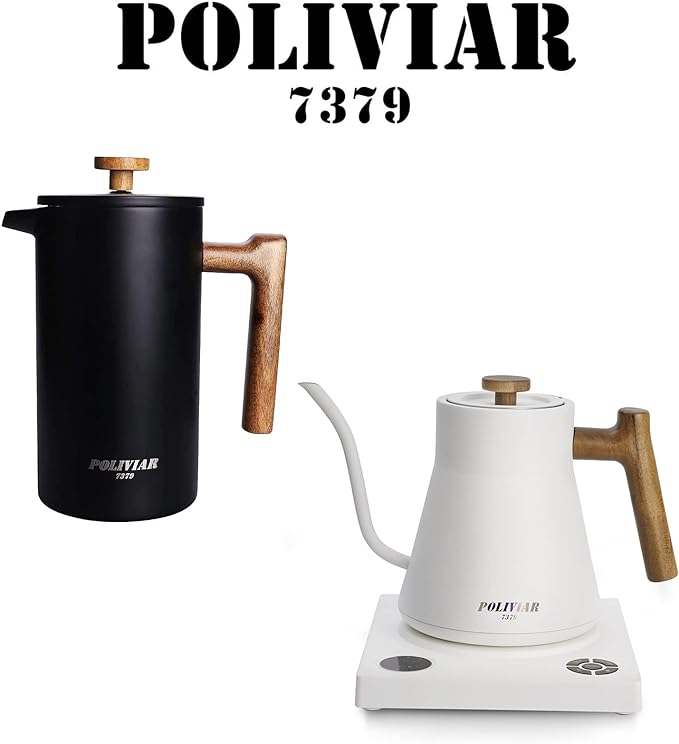 Poliviar 34 oz French Press Coffee Maker & Electric Gooseneck 34oz Pour Over Coffee Kettle Combo Package, Food Grade Stainless Steel for Good Coffee and Tea