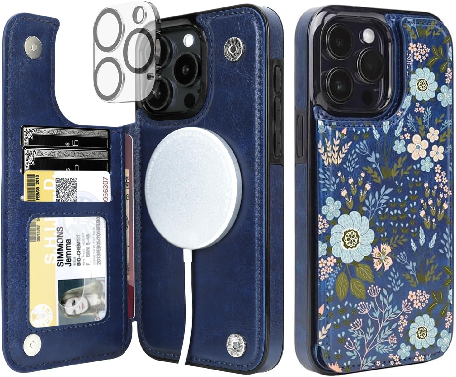uCOLOR for iPhone 15 Pro Max 6.7 Wallet Case Magsafe with Card Holder SlotCompatible with MagSafe Folio Flip PU Leather Double Magnetic RFID Design with Camera Lens Protector (Navy Blue Flowers)