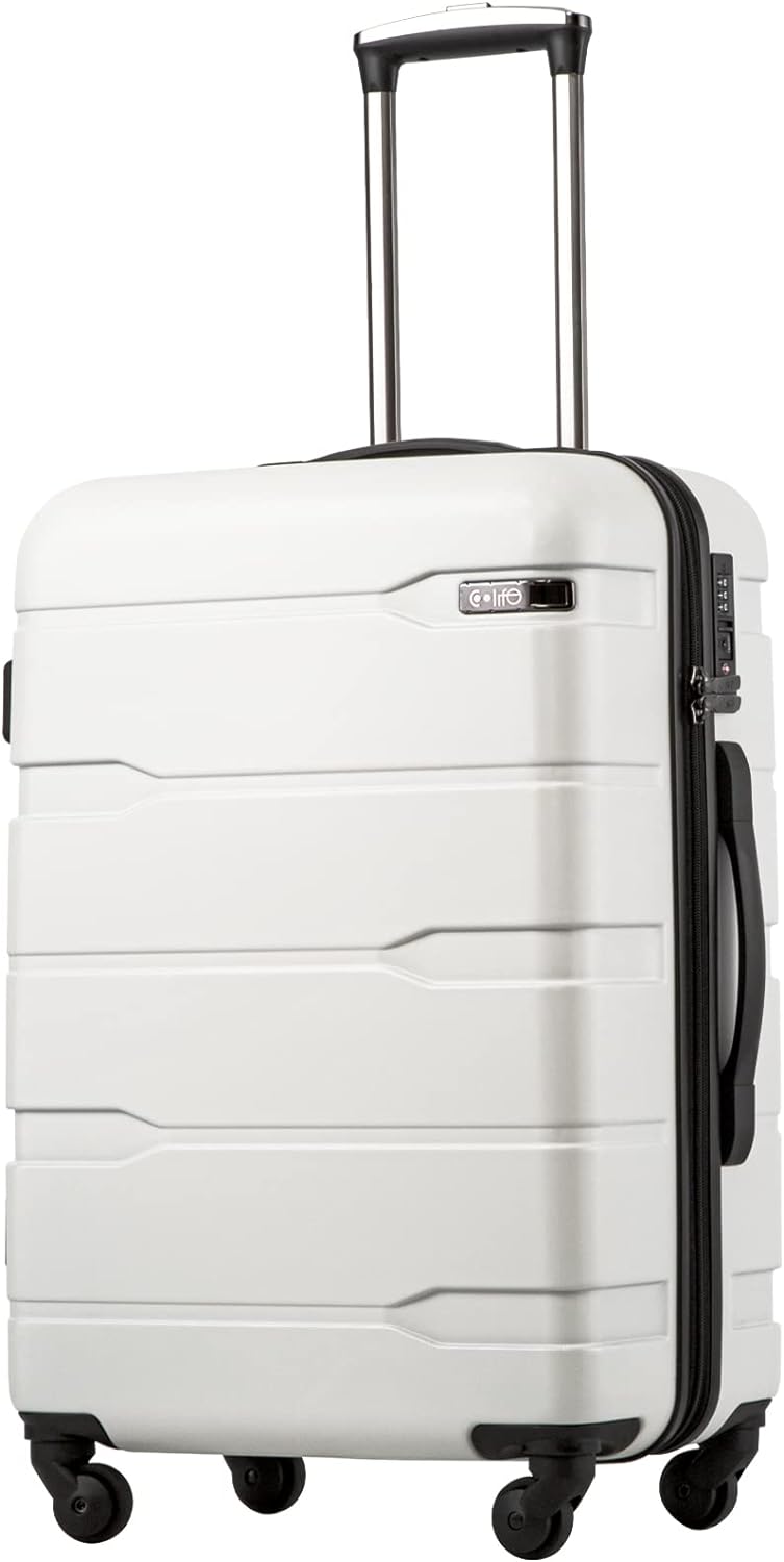 Coolife Luggage Expandable(only 28) Suitcase PC ABS Spinner Built-In TSA lock 20in 24in 28in Carry on (white, S(20in_carry on))