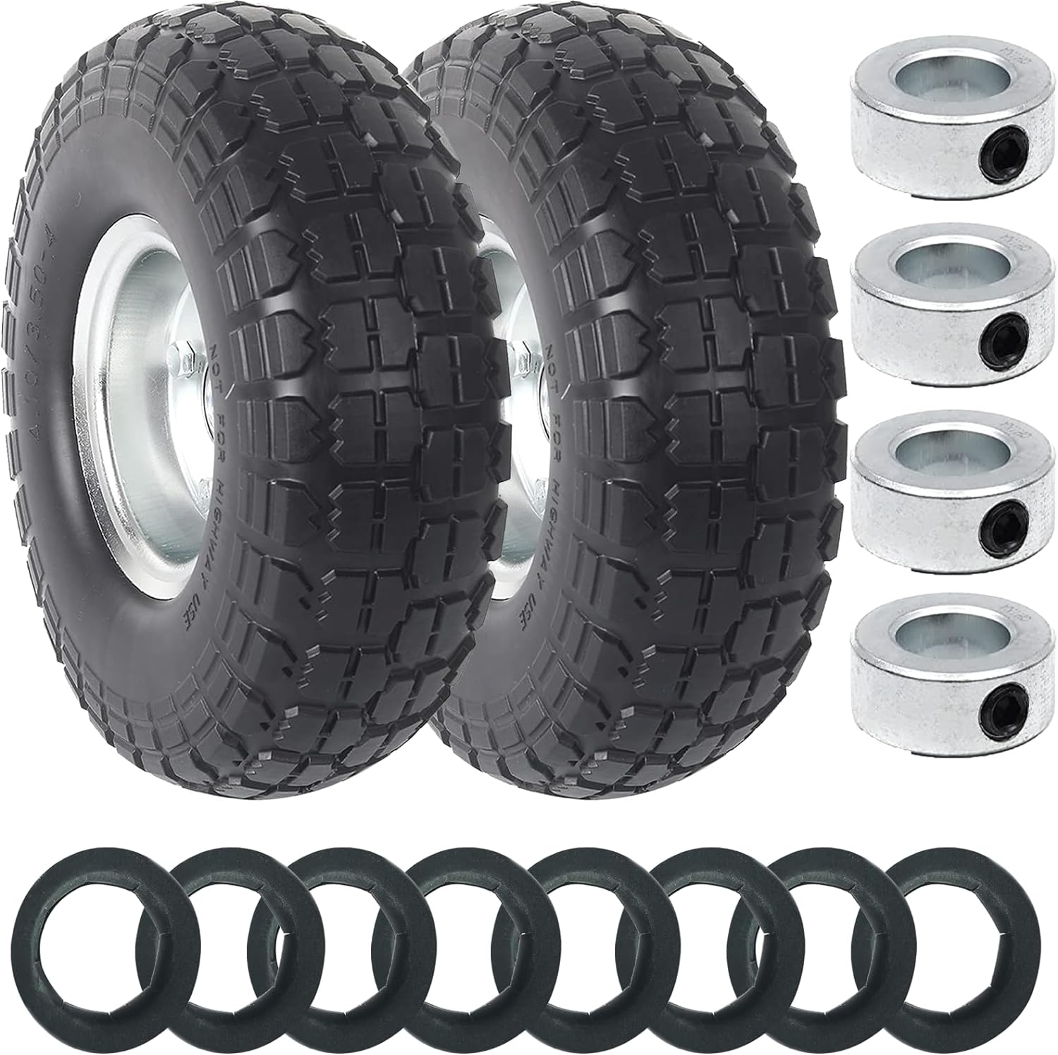 (2PK) 10 Solid Tire 4.10/3.50-4 Tires and Wheels, (8PCS) 5/8 Push-On Pushnut, (4PCS) Shaft Collars