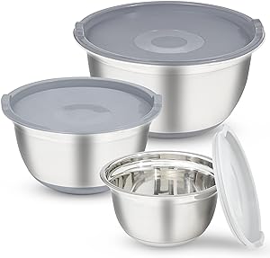 COOK WITH COLOR Mixing Bowls with Airtight Lids - 6 piece Stainless Steel Metal Nesting Storage Bowls, Non-Slip Bottoms (Grey)
