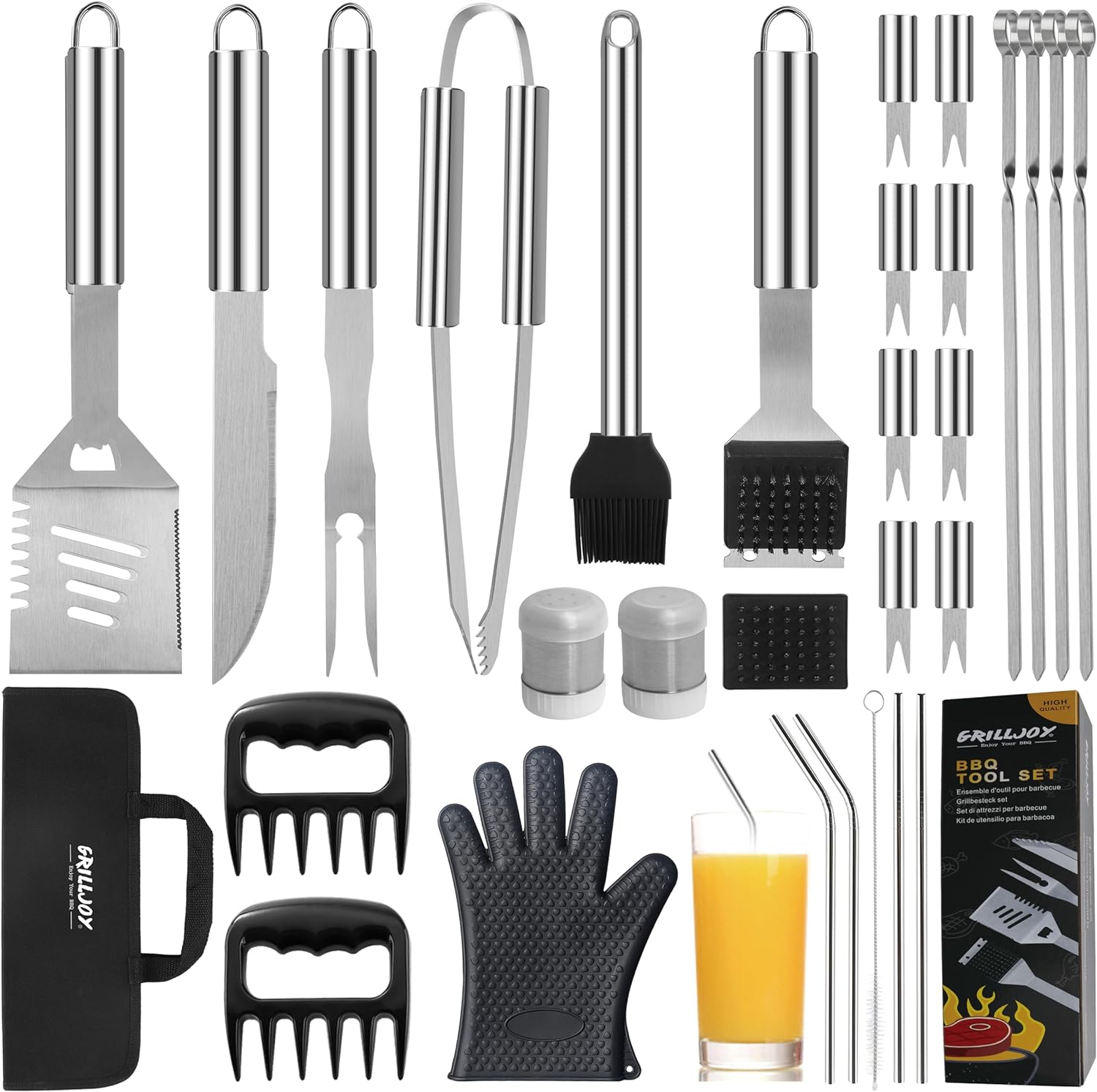 grilljoy 30PCS BBQ Grill Tools Set with Meat Claws - Extra Thick Steel Spatula, Fork& Tongs - Complete Grilling Accessories in Portable Bag - Perfect Grill Gifts for Men and Women