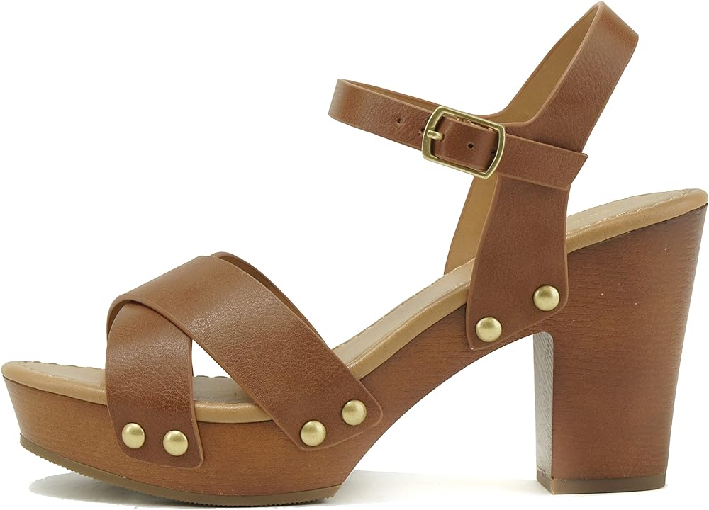 Soda MIGUEL ~ Women Crisscross Band Fashion Chunky Platform Block Mid Heel Sandal with Ankle Strap and Stud