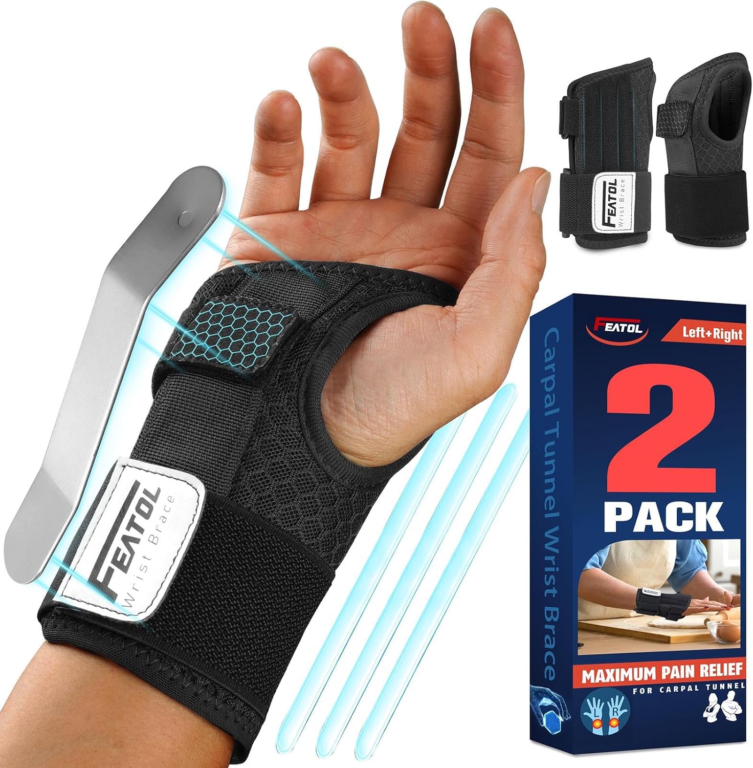 FEATOL 2 Pack Carpal Tunnel Wrist Brace For Work With Wrist Splint, Adjustable Wrist Guard Daytime Support For Women Men, Pain Relief For Pregnancy, Typing, Arthritis, Tendonitis, Right Hand Left Hand, Large