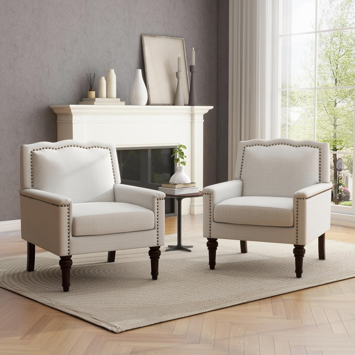 UIXE Accent Chairs Set of 2, Modern Living Room Arm Chair Nailhead Trim Upholstered Armchair with Wood Legs, Comfy Club Single Sofa Reading Seat Wingback Bedroom Side Sitting, Beige