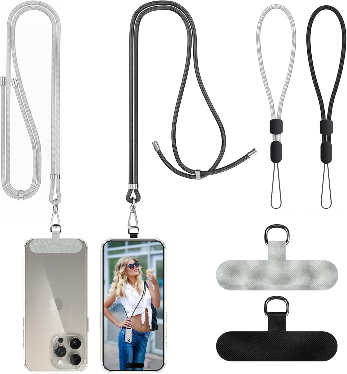 SHANSHUI Phone Lanyard, Crossbody Cell Phone Lanyard, Long & Wrist Nylon Phone Strap Tether Pads for All Mobile Phones Black Grey