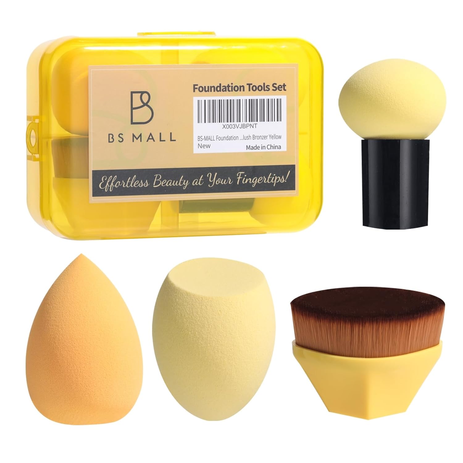 BS-MALL Foundation Brush with 3 Makeup Sponges Foundation Application Set Concealer Blush Bronzer (D-Yellow)