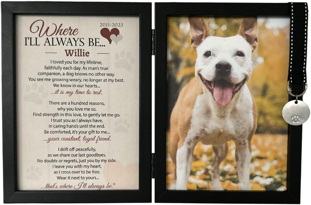 Where I'll Always Be Dog Memorial Photo Frame - Thoughtful Pet Memorial Gift (Personalized Poem Art Framed with Pet Tag)