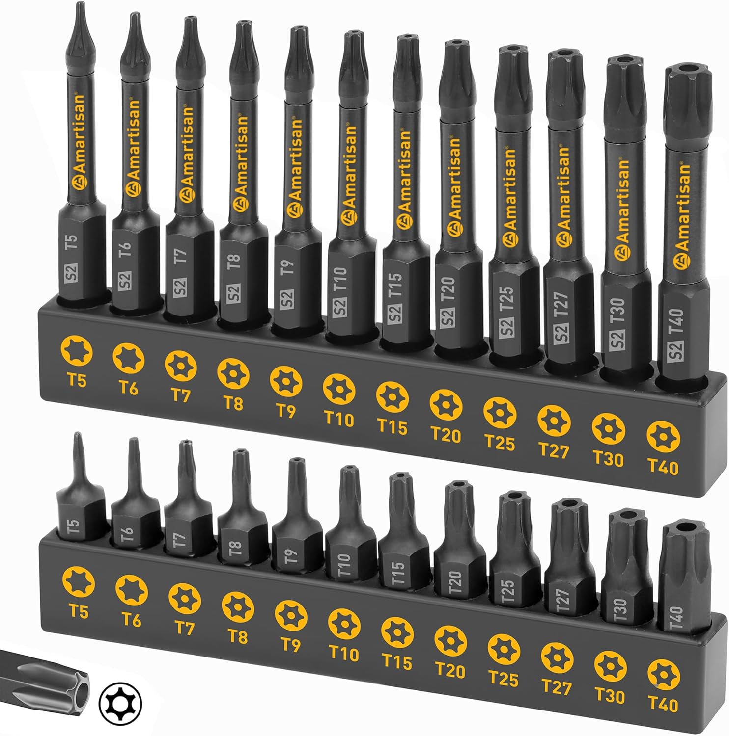 Amartisan Torx Bit Set, 24-Piece S2 Steel, 1 & 2.3 Long T5 - T40, Security, Tamper Resistant Fastener Drive Bit