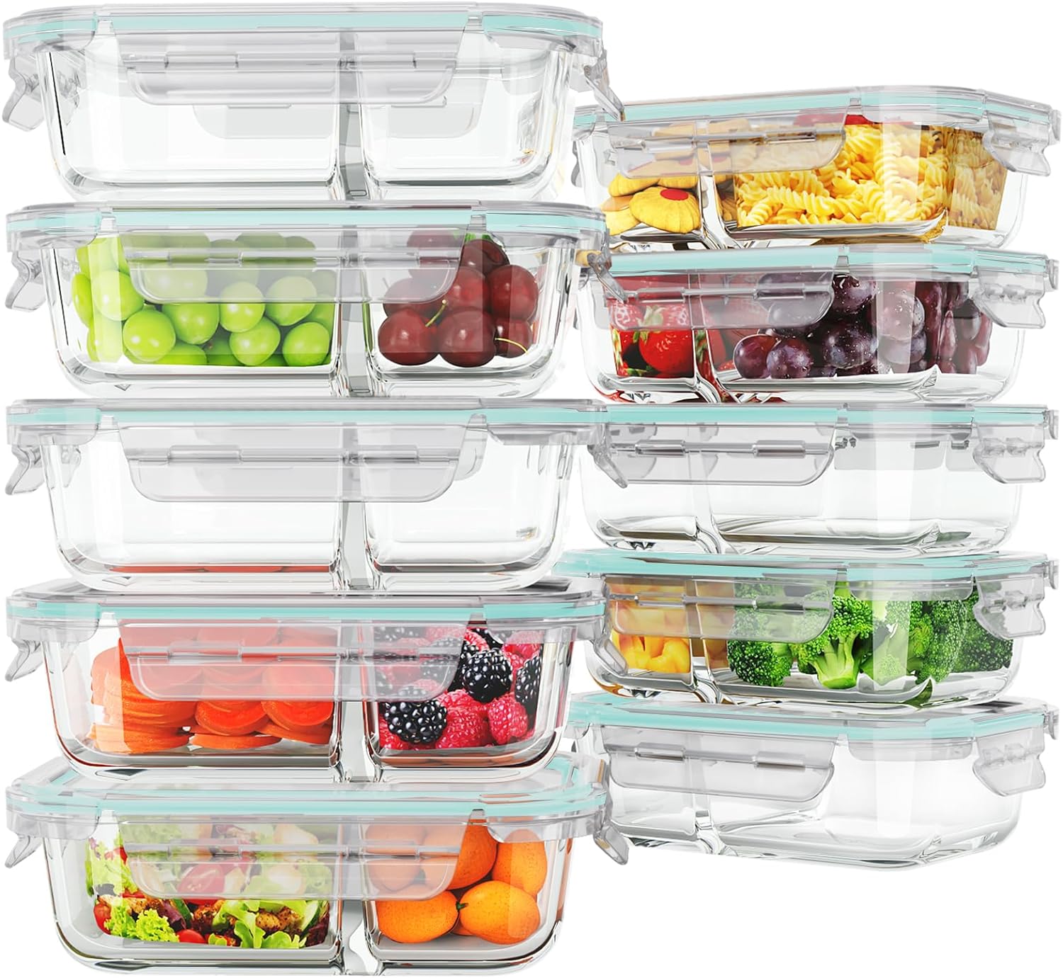 10 Pack Glass Meal Prep Containers 2 Compartment, Glass Food Storage Containers with Lids, Airtight Glass Lunch Bento Boxes, BPA-Free & Leak Proof (10 lids & 10 Containers) - Blue