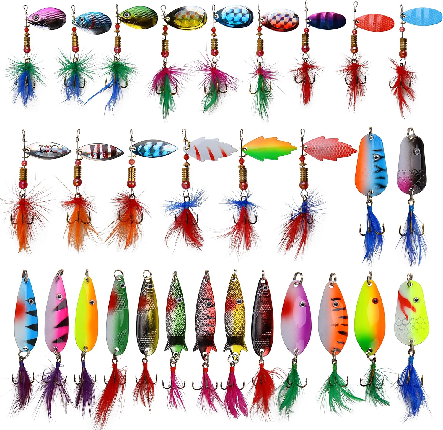 Rooster Bait Tail Spinner Fishing Lures Kit,30pcs Metal Spoon Lures with Feathered Treble Hooks for Bass Walleye Trout Freshwater Saltwater