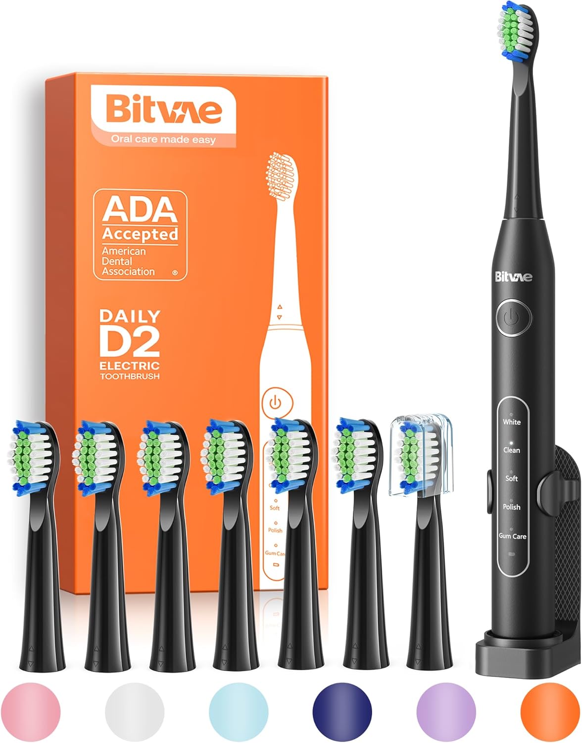 Bitvae Electric Toothbrush for Adults - Ultrasonic Electric Toothbrushes with 8 Brush Heads, ADA Accepted Power Rechargeable Toothbrush with 5 Modes, Smart Timer, Black D2