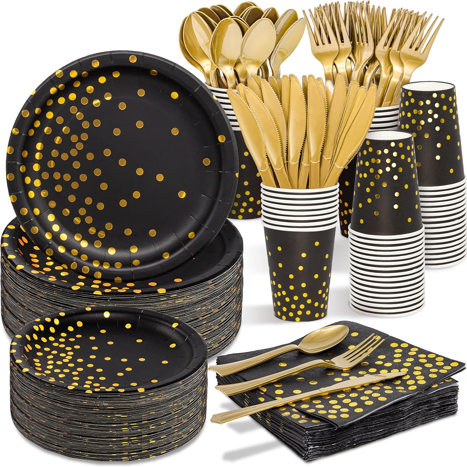 Black and Gold Graduation Party Supplies - 350 PCS Disposable Dinnerware Set, Black Paper Plates Napkins Cups, Gold Plastic Fork Knives Spoon for Birthday Retirement Anniversary Grad Class Decoration