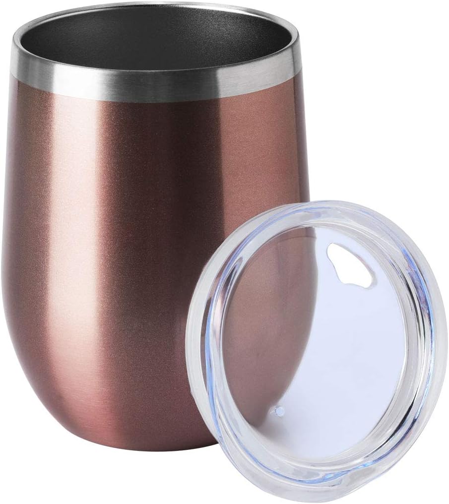 HASLE OUTFITTERS 12oz Wine Tumbler with Lid Stemless Wine Glasses Double Wall Vacuum Travel Mugs stainless steel Coffee Cup for Cold & Hot Drinks Wine Coffee Cocktails Beer 1 Pack Rose Gold