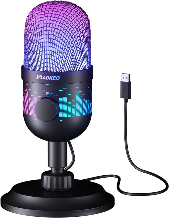 Aokeo Gaming Microphone, USB Computer Microphone for PC, Mac, PS4/5, Condenser Podcast Mic for Studio Recording, for Streaming Podcast YouTube, with Led Light