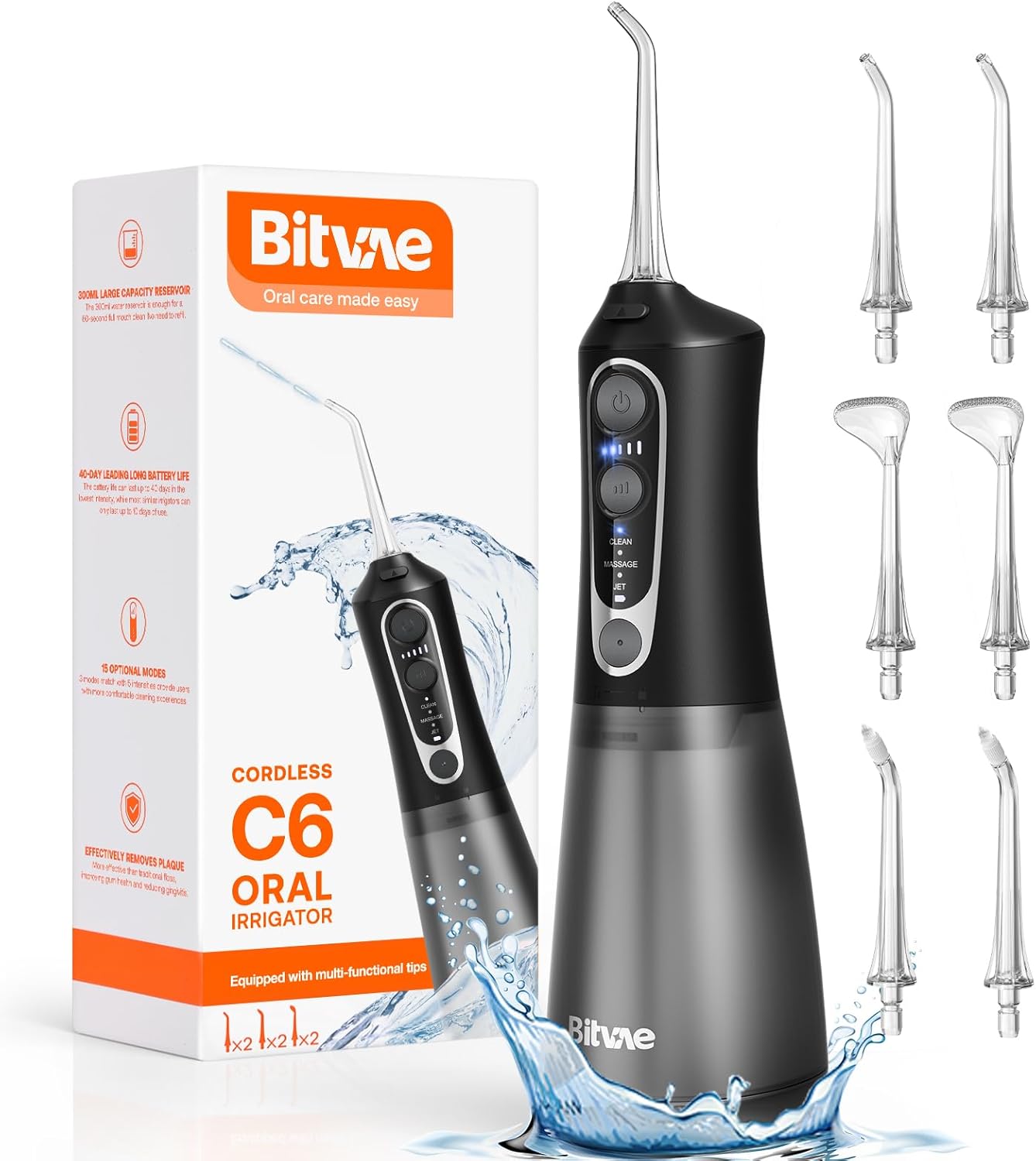 Bitvae C6 Water Flossers for Teeth - Cordless Water Dental Flosser Teeth Picks for Travel with 6 Jet Tips, 3 Modes 5 intensities, IPX7 Waterproof Portable & Rechargeable Oral Irrigator Cleaner, Black