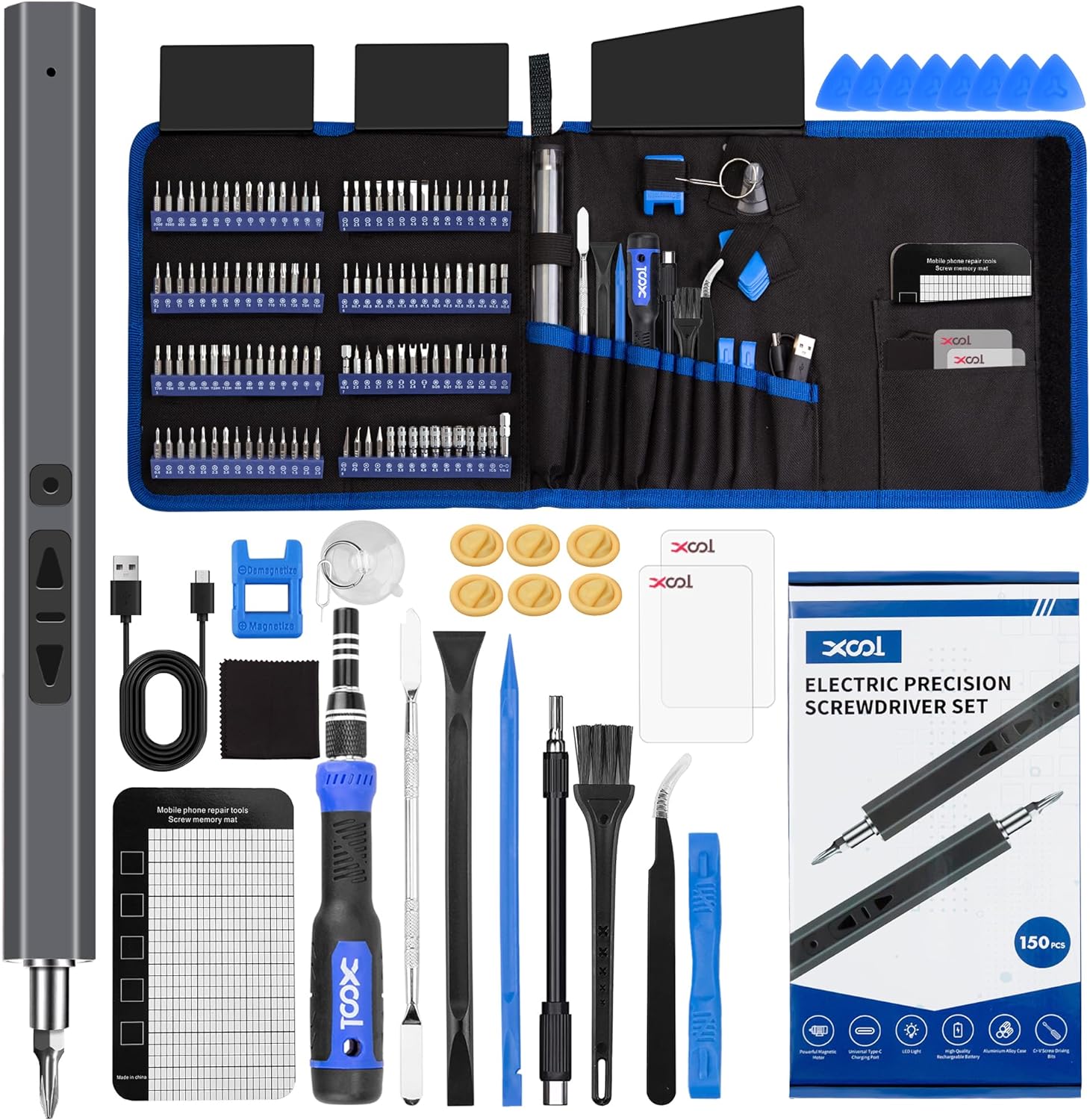 XOOL 150 in 1 Electric Screwdriver Set Precision Screwdriver Set with 120 Magnetic Bits, Rechargeable 2 Gears Torque Power Screwdriver Kit for Electronics, Computer, Laptops, Phone, PC, Game Console