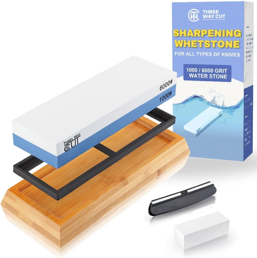 Knife Sharpening Stone Kit - 2 Side Whetstone Set 1000/6000 Grit Sharpening and Honing Wet Stone Waterstone Sharpener for Chefs and Kitchen Knife Anti-slip Base Angle Guide & Flattening Stone