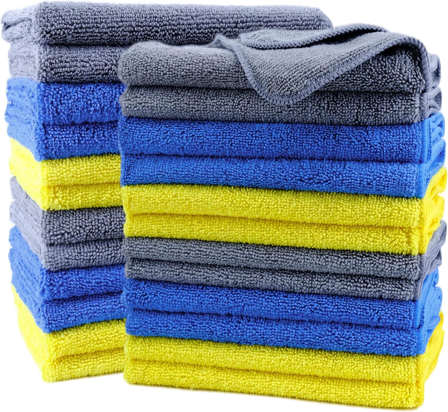 POLYTE Premium Microfiber Cleaning Towel,16x16 in 24 Pack (Blue,Gray,Yellow)