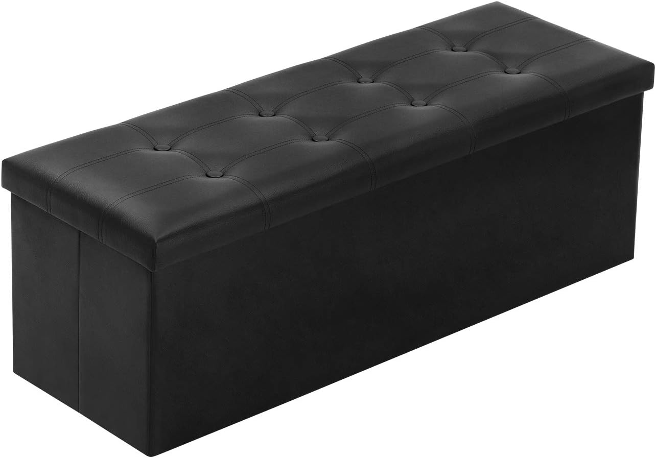 YOUDENOVA 43 Inches Folding Storage Ottoman Bench, Storage Chest Foot Rest Stool with Wooden Divider, Bed End Bench with 120L Large Storage Space, Faux Leather (Black, 43L x 15W x 15H)