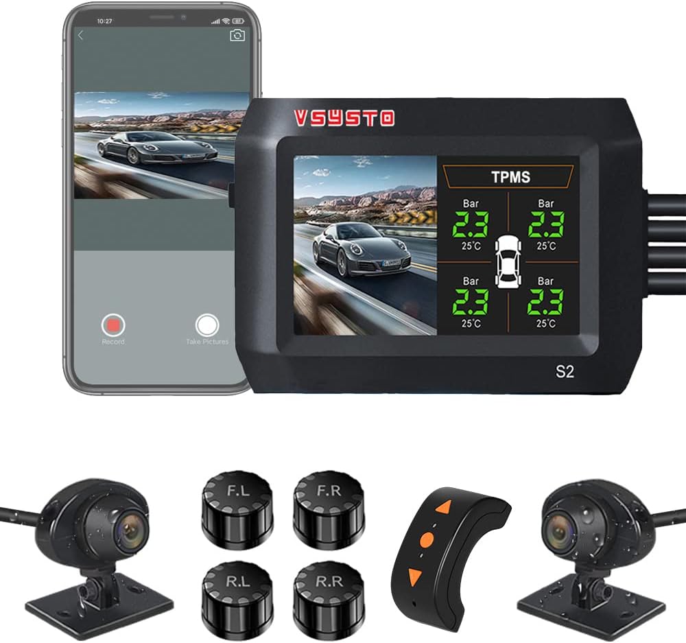 VSYSTO WiFi Dash Cam for Cars, Tire Pressure Monitor System, 3'' IPS Screen Car Dashcam HD 1080P Front and Rear Camera, Night Vision G-Sensor Loop Recording (Black-3Inch)